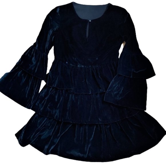 Vintage ruffles tiered black velvet dress - Picture 2 of 15